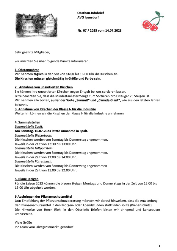 Obstbau-Infobrief AVG Igensdorf Nr. 07/2023