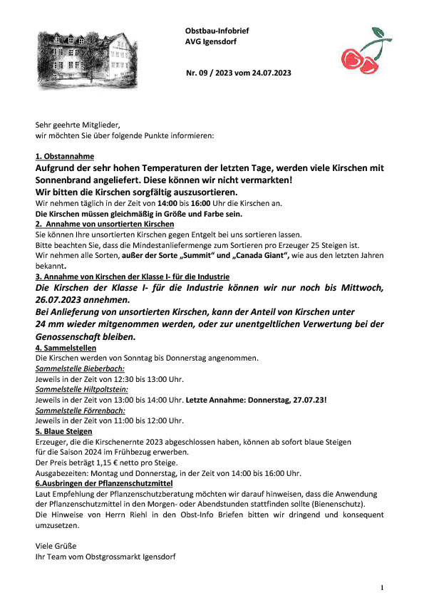 Obstbau-Infobrief AVG Igensdorf Nr. 09/2023