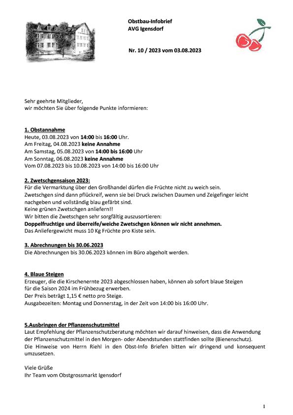 Obstbau-Infobrief AVG Igensdorf Nr. 10/2023