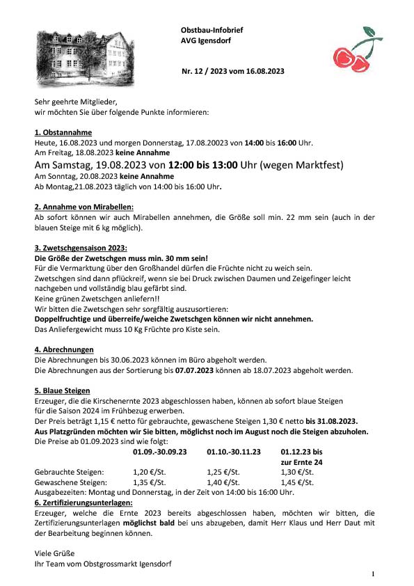 Obstbau-Infobrief AVG Igensdorf Nr. 12/2023