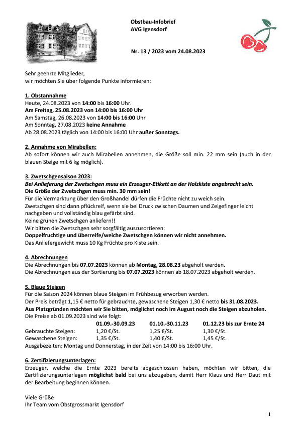 Obstbau-Infobrief AVG Igensdorf Nr. 13/2023