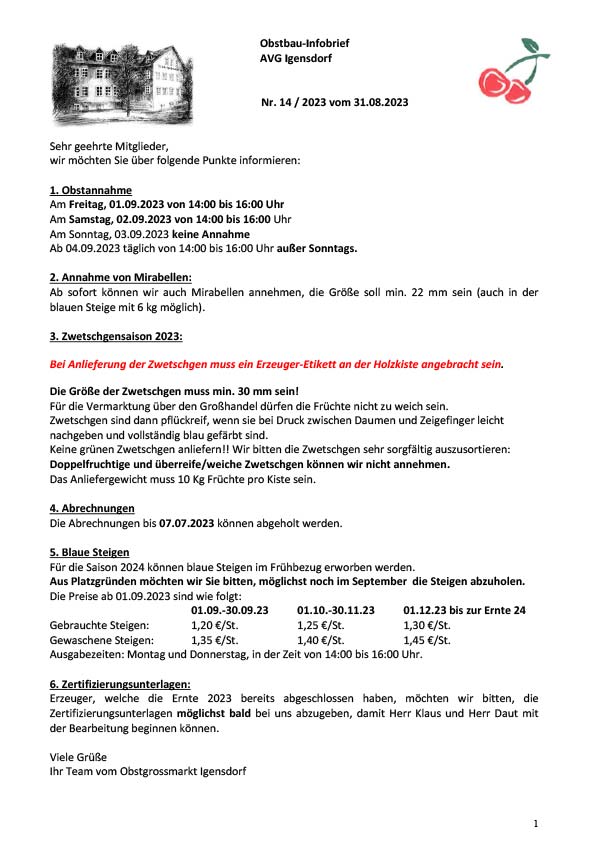 Obstbau-Infobrief AVG Igensdorf Nr. 14/2023