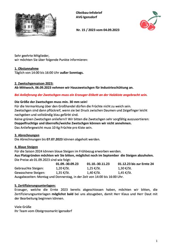 Obstbau-Infobrief AVG Igensdorf Nr. 15/2023