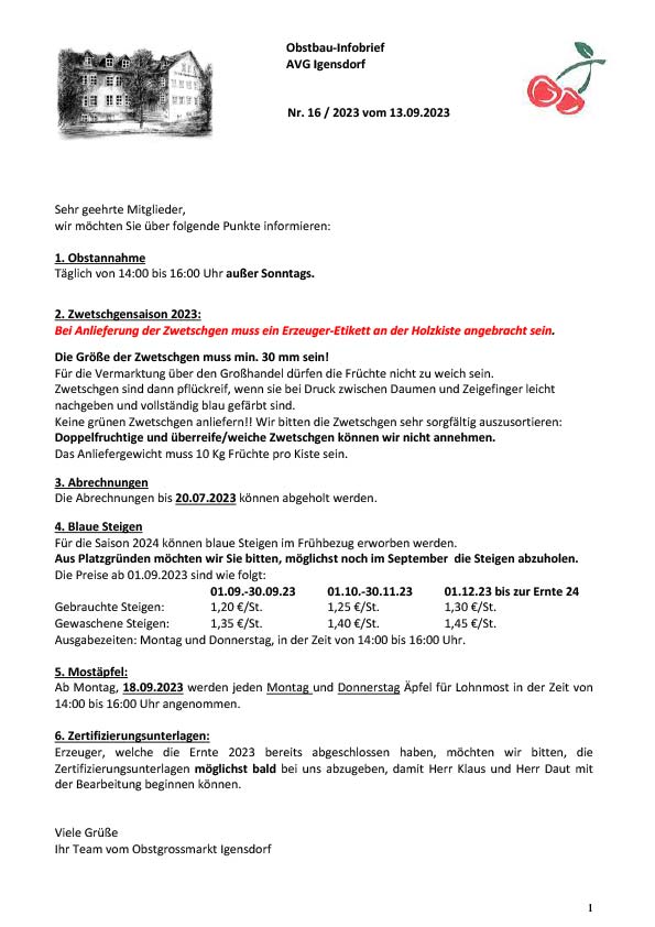 Obstbau-Infobrief AVG Igensdorf Nr. 16/2023