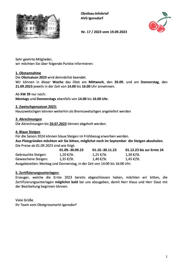 Obstbau-Infobrief AVG Igensdorf Nr. 17/2023