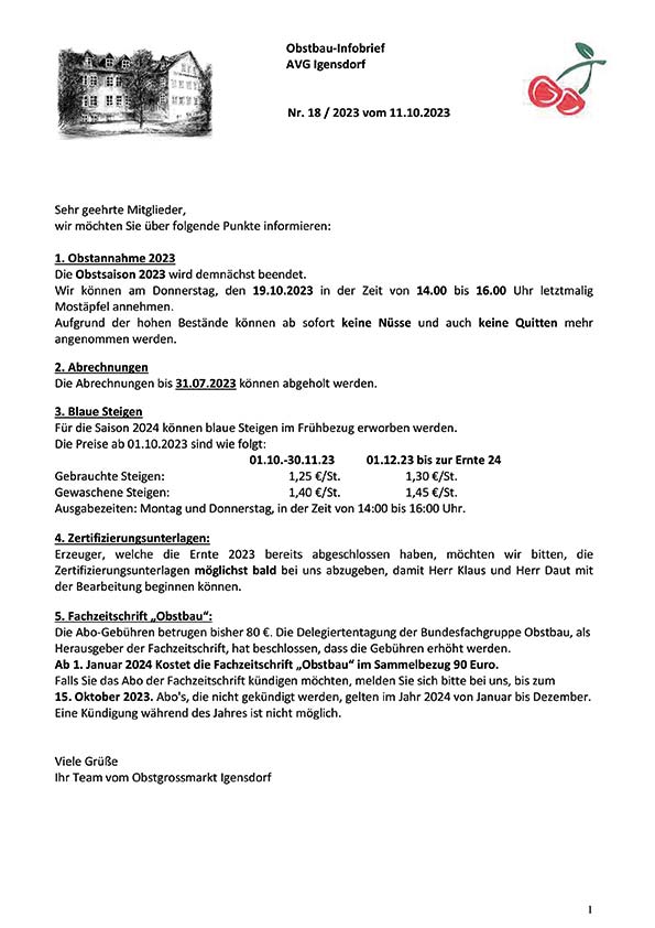 Obstbau-Infobrief AVG Igensdorf Nr. 18/2023