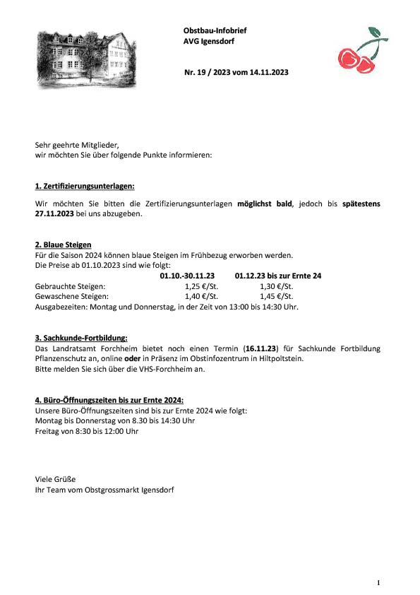 Obstbau-Infobrief AVG Igensdorf Nr. 19/2023