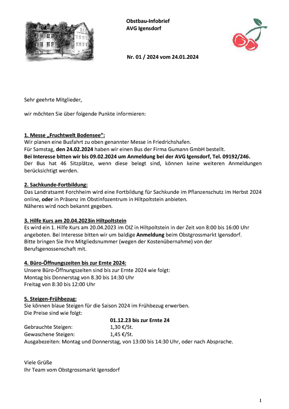 Obstbau-Infobrief AVG Igensdorf Nr. 01/2024