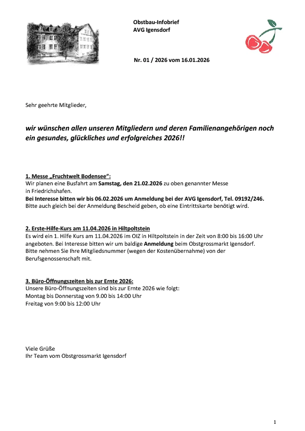 Obstbau-Infobrief AVG Igensdorf Nr. 1/2026
