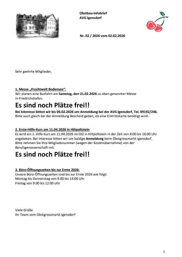 Obstbau-Infobrief AVG Igensdorf Nr. 2/2026