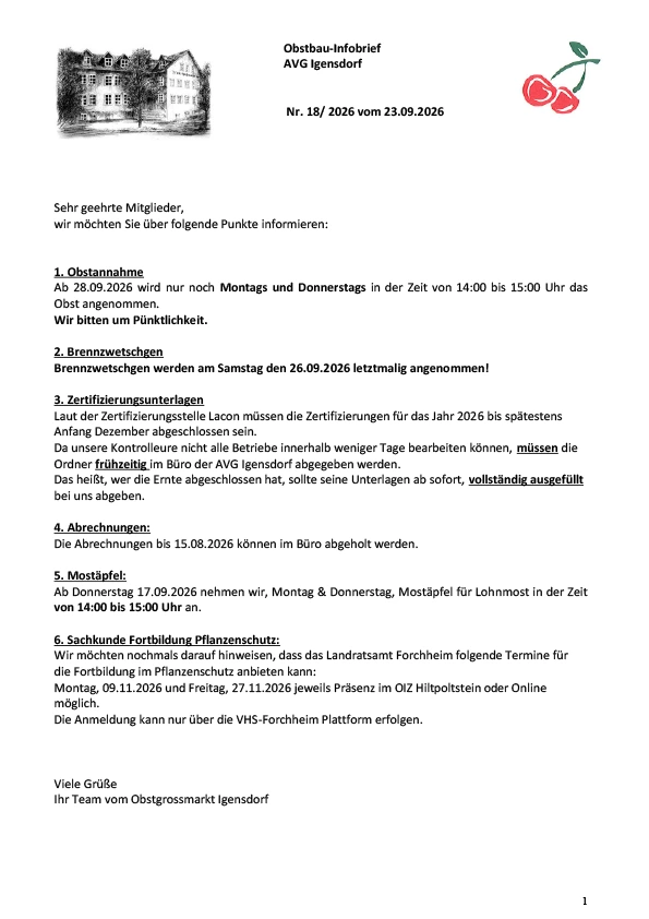 Obstbau-Infobrief AVG Igensdorf Nr. 18/2026