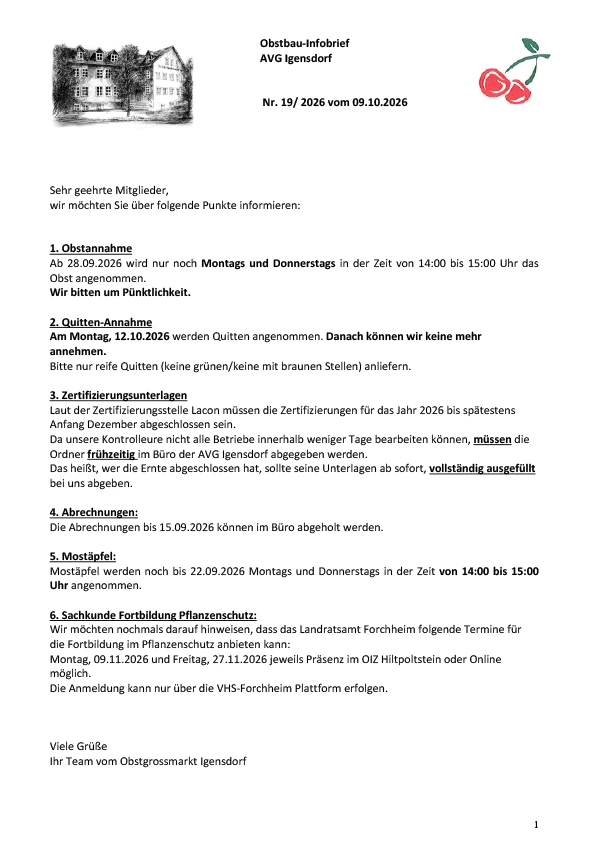 Obstbau-Infobrief AVG Igensdorf Nr. 19/2026