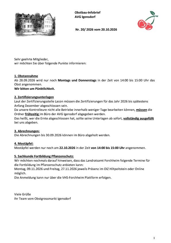 Obstbau-Infobrief AVG Igensdorf Nr. 20/2026